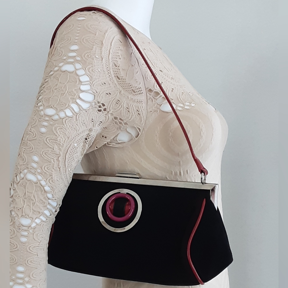 BALDININI Italy Black Suede Red Trim Shoulder Bag - Vtg